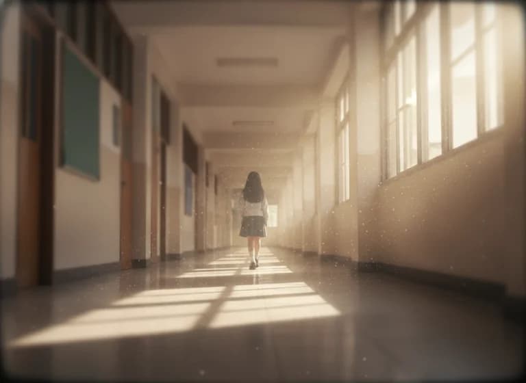 学校廊下の消失点構図｜シネマティックAI生成作例プロンプト