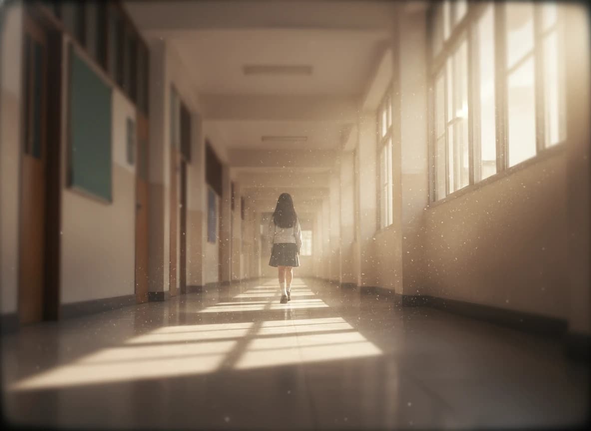 学校廊下の消失点構図｜シネマティックAI生成作例プロンプト