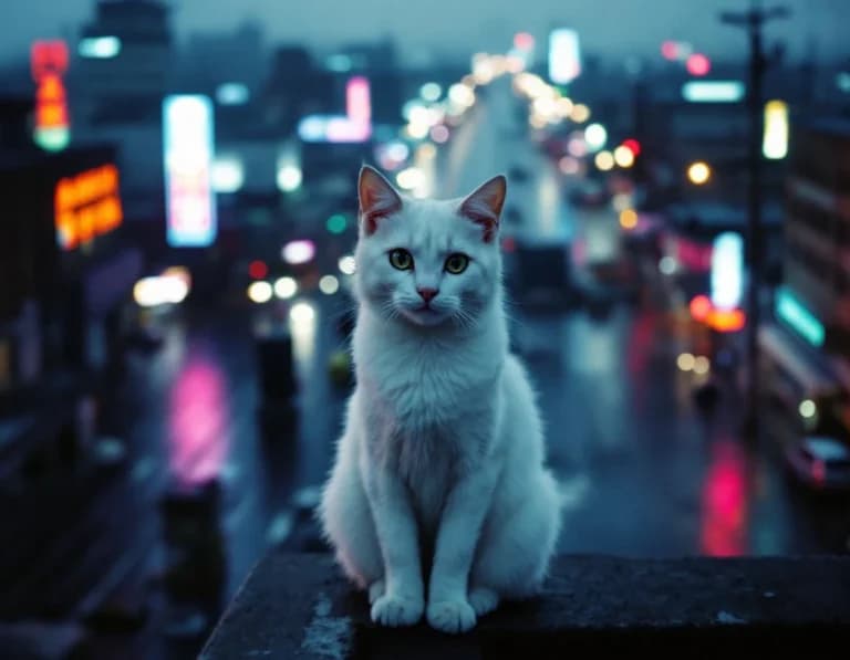 工場屋根の白猫×夜景ネオン｜AI生成写真プロンプト作例