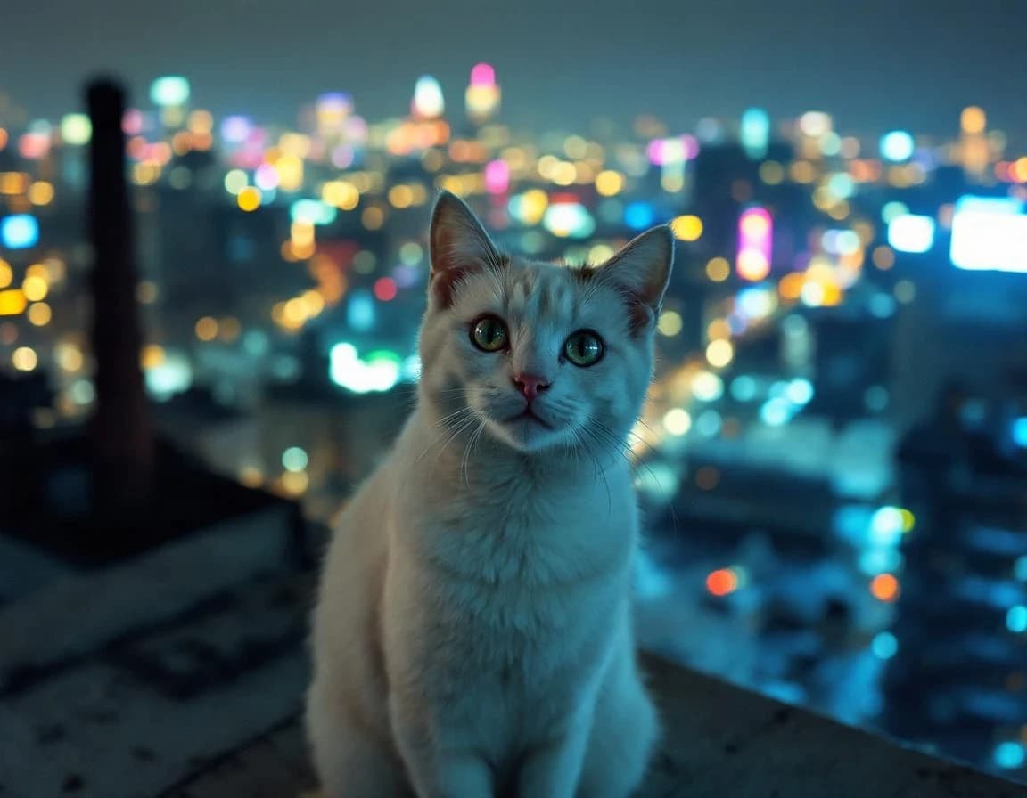 White Cat on Factory Rooftop Neon Night — AI Photo Prompt