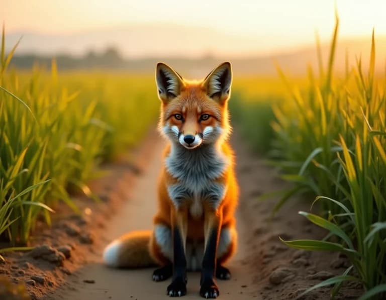 稲田のあぜ道キツネ夕暮れ写真風AI生成プロンプト作例