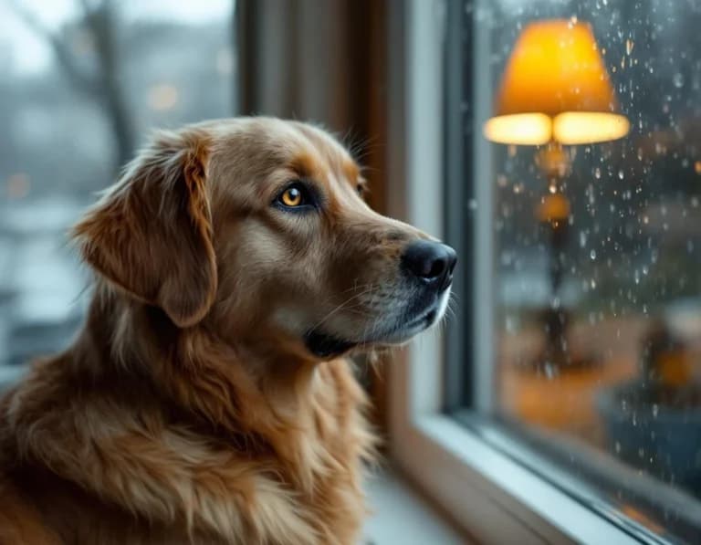 雷雨の窓辺ゴールデン｜AI生成リアル犬写真プロンプト作例