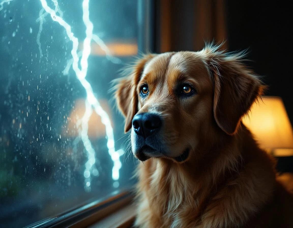 雷雨の窓辺で佇む犬のAI生成作例｜フィルム風プロンプト