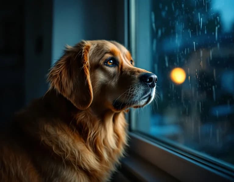 雷雨×ゴールデンレトリーバーAI生成写真プロンプト作例
