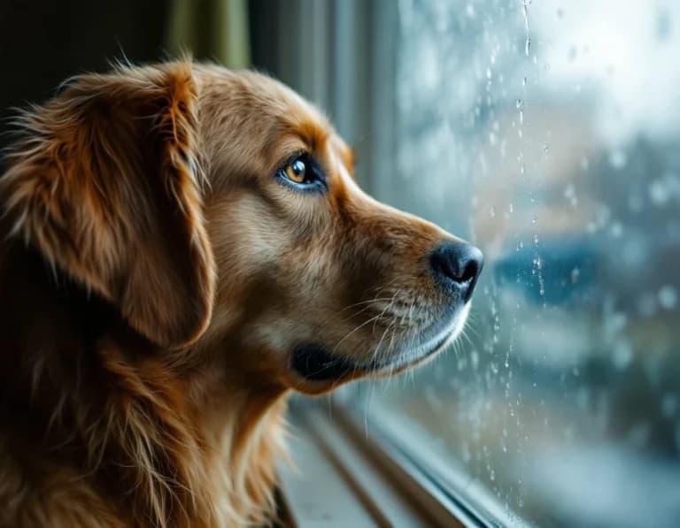 雷雨を見つめる犬のAI生成写真プロンプト作例