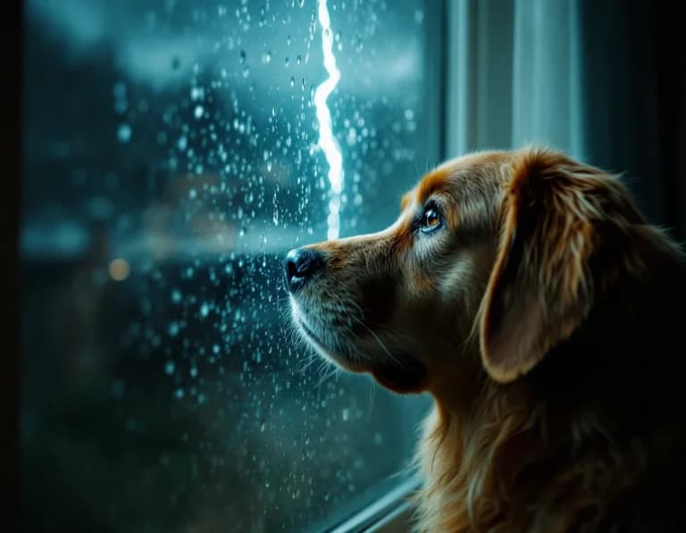 雷雨の窓辺を見つめる犬｜35mmフィルム風AI画像プロンプト作例