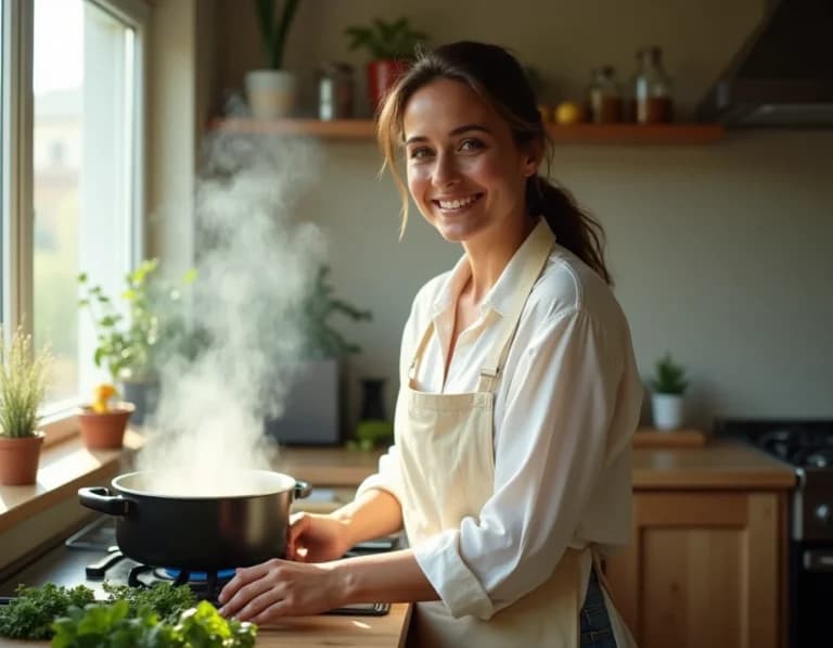 キッチン料理女性・湯気と笑顔のAI生成作例プロンプト