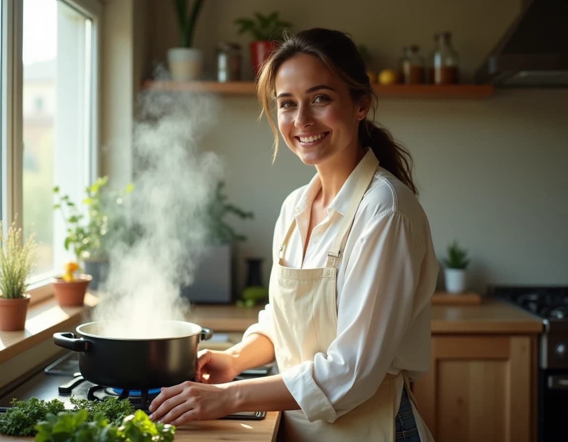 Prompt de escena de cocina con vapor y sonrisa – IA