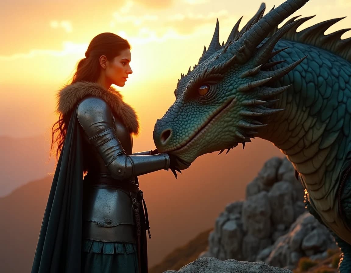 Caballera y Dragón al Atardecer — Prompt de IA, Ejemplo