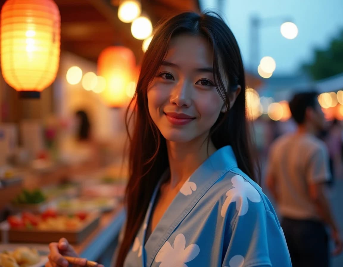 夏日祭典浴衣女性灯笼光AI摄影提示词示例