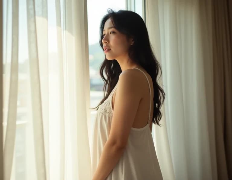 朝の逆光シルエット｜リネンドレス女性のAI生成作例プロンプト