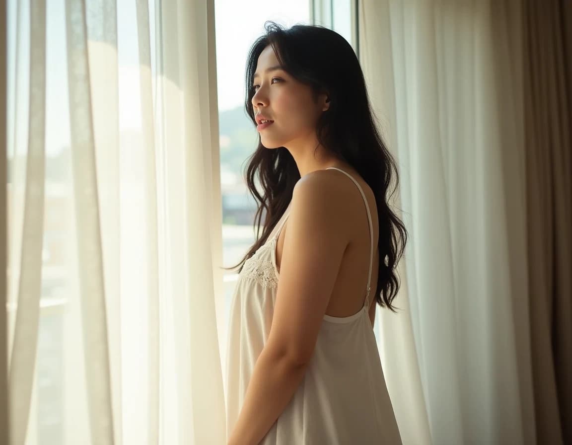 Retrato Matutino con Contraluz – Prompt de IA, Vestido de Lino