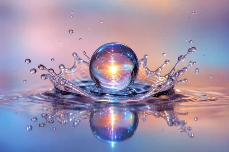 虹色に輝く水滴マクロ写真｜AI生成プロンプト作例