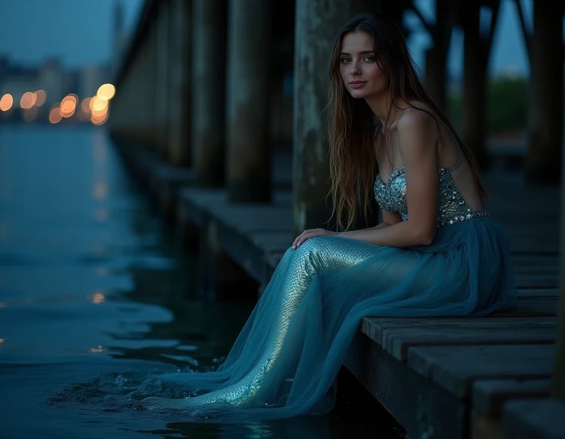 Sirena en muelle nocturno: prompt de foto documental con IA