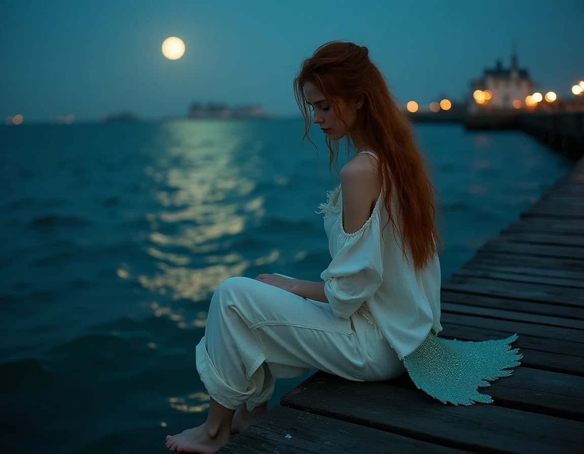 Mermaid on Moonlit Pier — 35mm Film AI Image Prompt Example