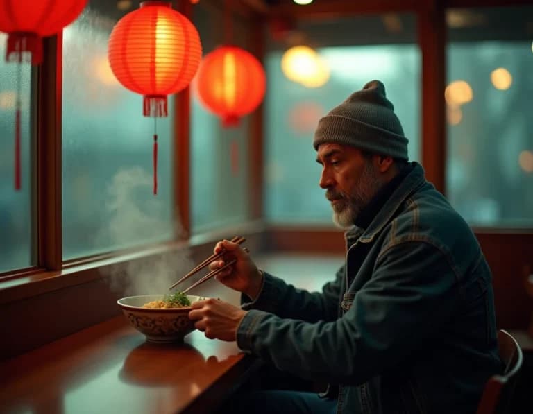 深夜ラーメン屋の男性プロンプト作例｜AI生成フィルム風写真