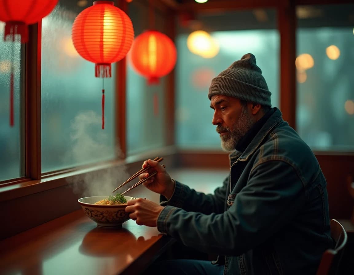 深夜ラーメン屋の男性プロンプト作例｜AI生成フィルム風写真