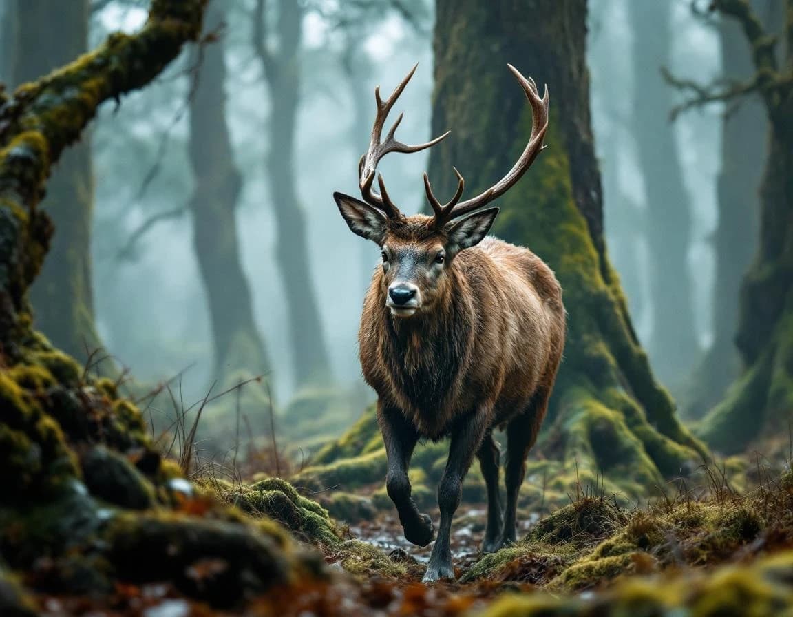 Misty Forest Stag: Wildlife Documentary Photo AI Prompt