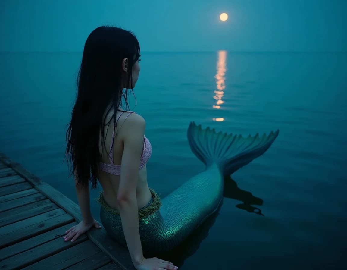 Sirena lunar en el muelle – prompt AI foto documental