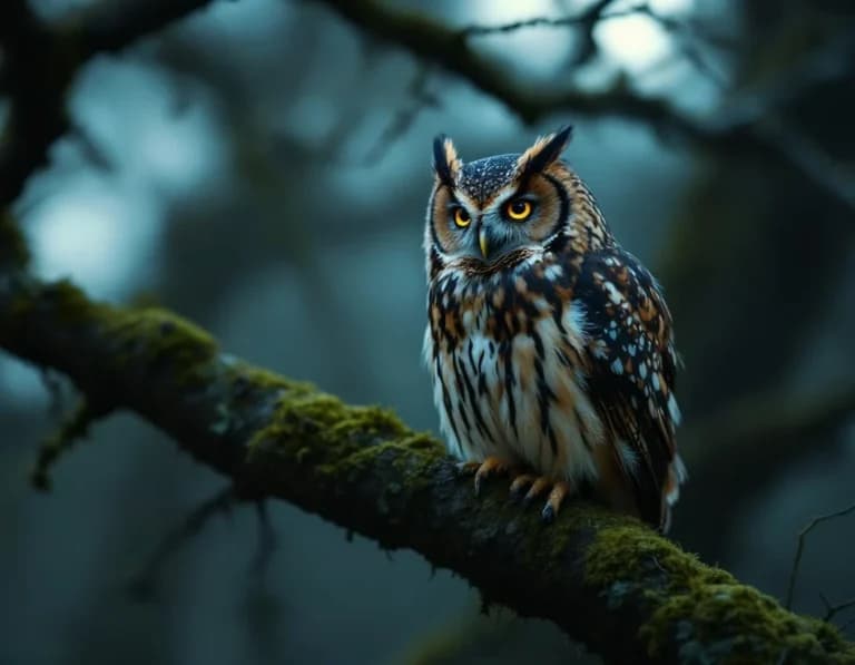 月明かりに透けるフクロウの羽｜AI生成写真プロンプト作例