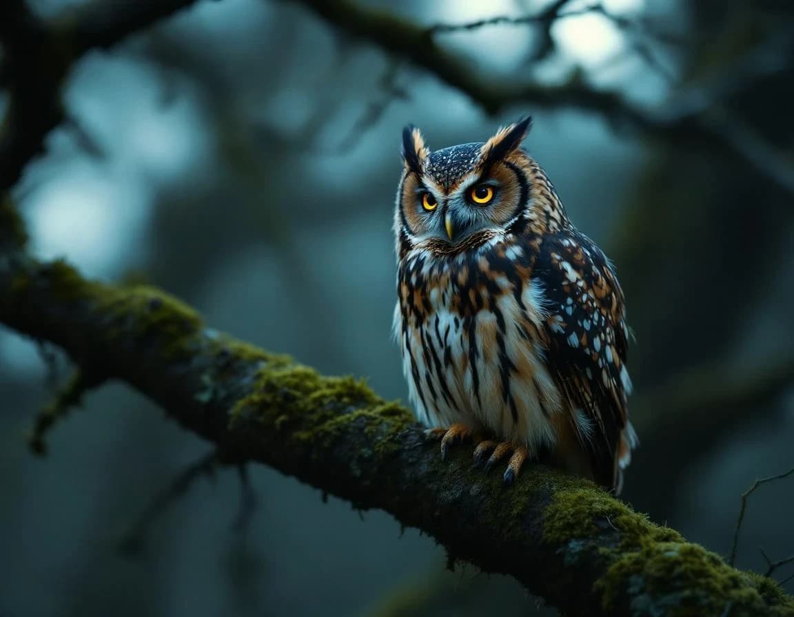 月明かりに透けるフクロウの羽｜AI生成写真プロンプト作例