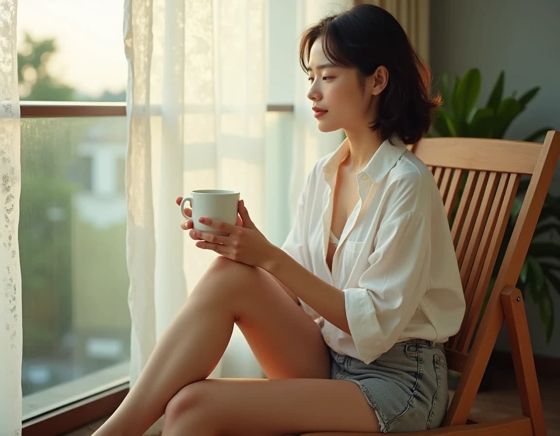 朝のベランダ女性コーヒー写真風AI生成プロンプト作例