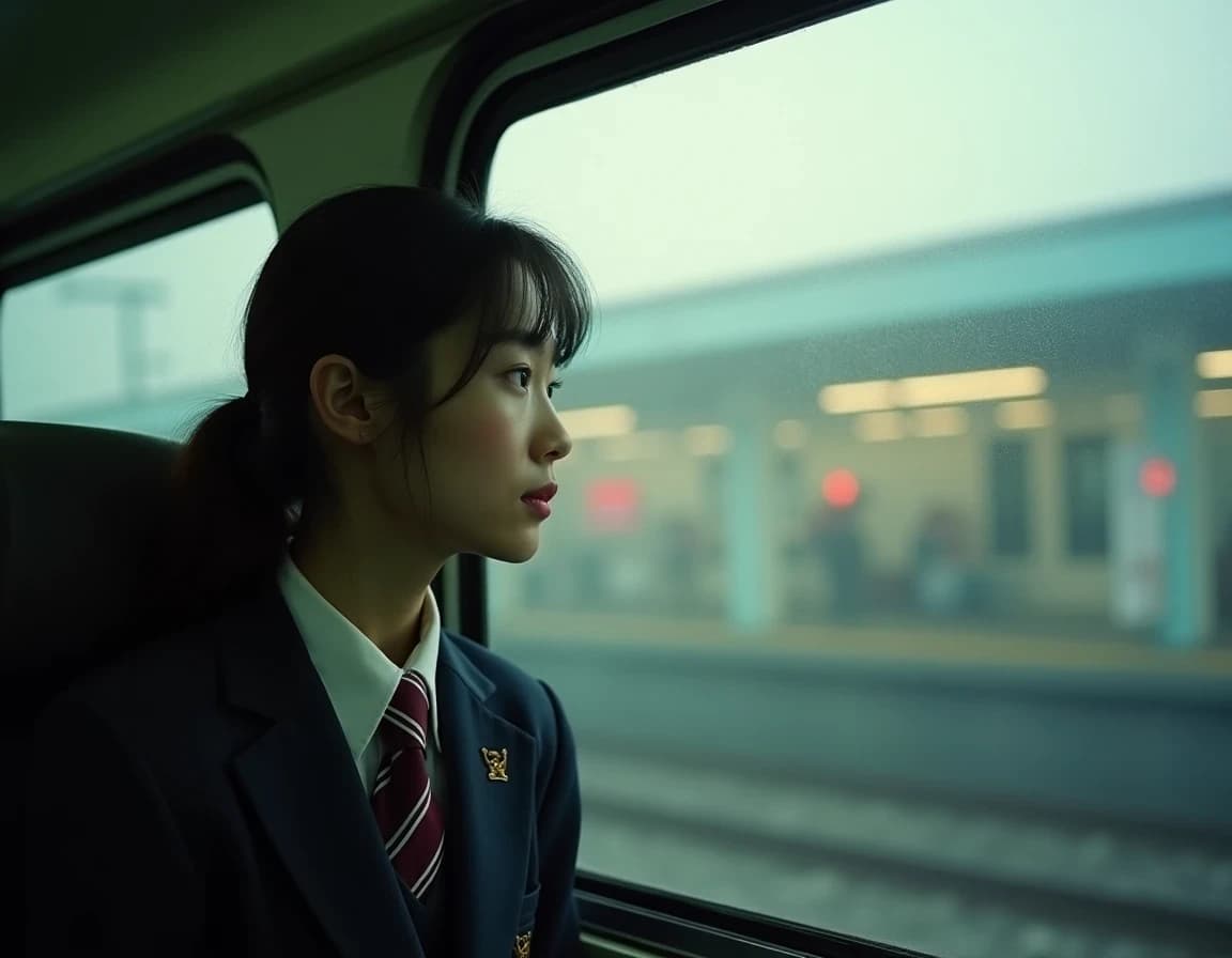 朝霧の通学電車｜フィルム風AI写真プロンプト作例