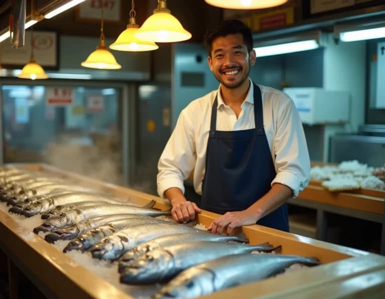 朝の魚市場・若い店主の笑顔｜AI生成写真プロンプト作例