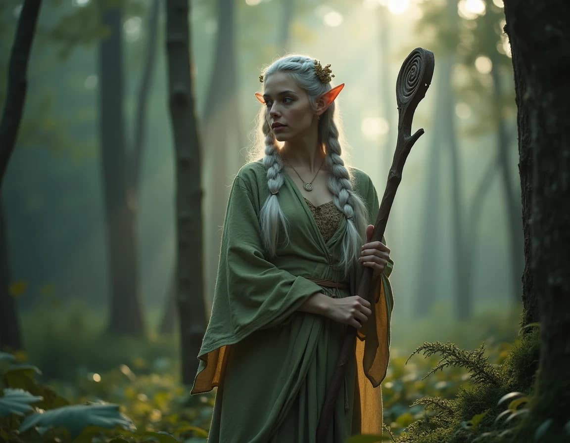 Documentary-Style Elf Portrait AI Prompt Example | Morning Fog Forest