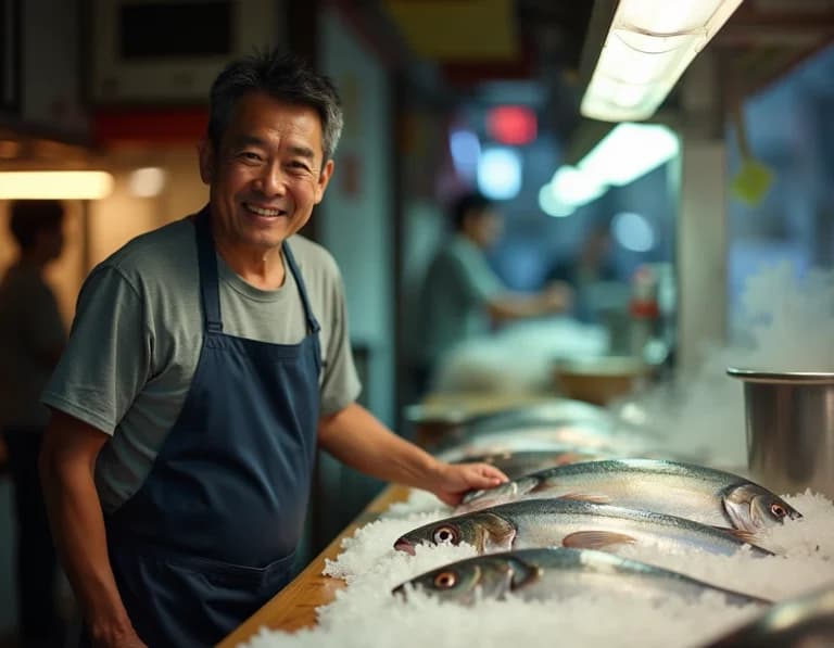 朝市の魚屋をAI生成｜富士フイルム風プロンプト作例
