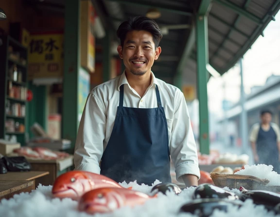 Morning Fish Market Portrait: AI-Generated Photo Prompt