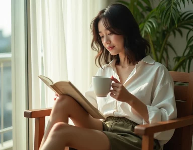 朝のベランダ読書シーン｜AI生成リアル写真プロンプト作例