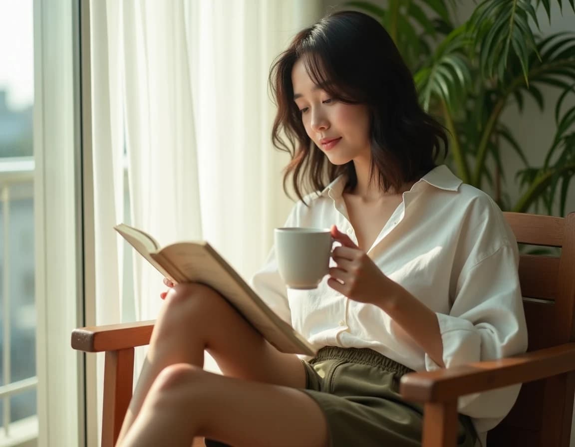 朝のベランダ読書シーン｜AI生成リアル写真プロンプト作例