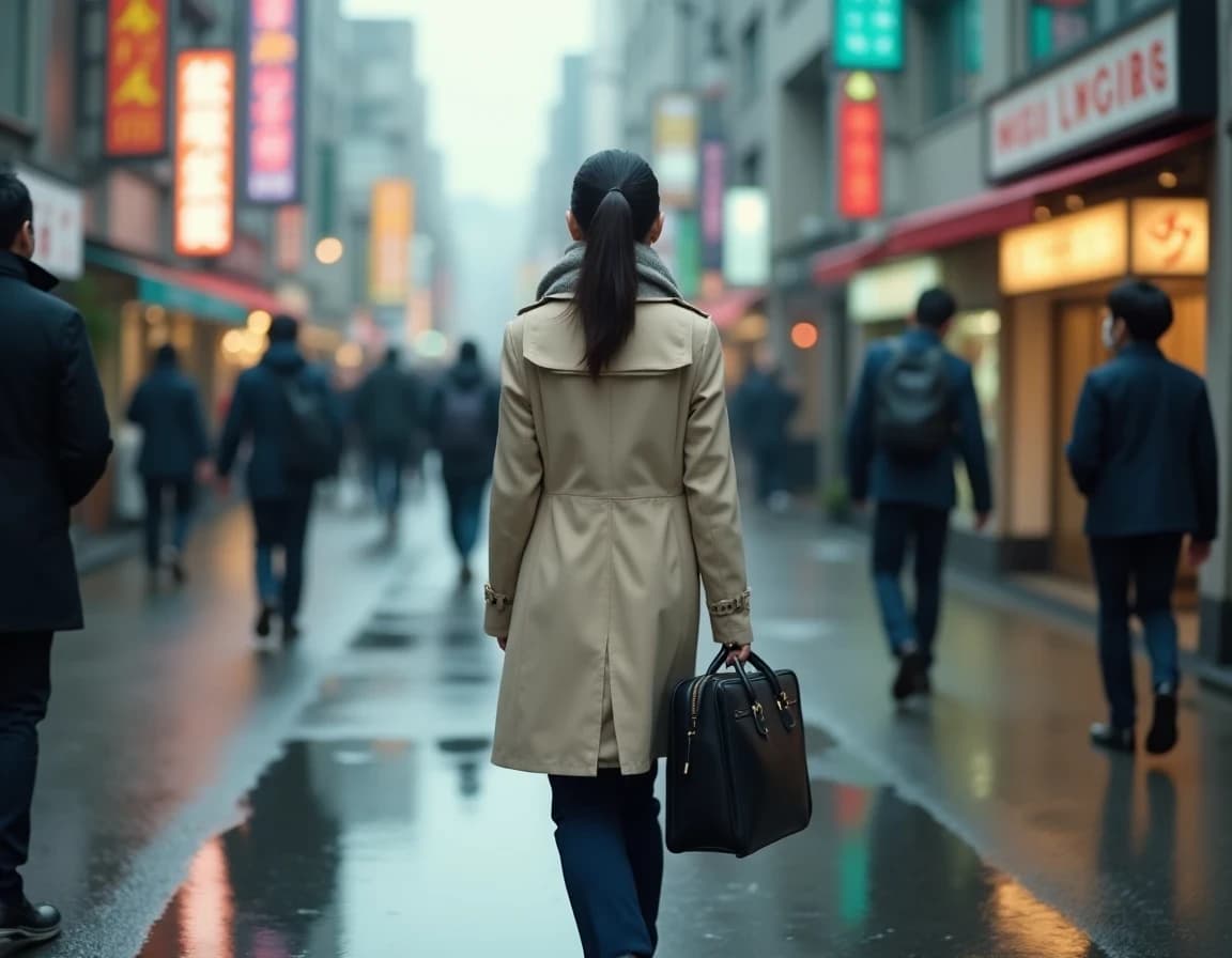 Prompt de IA: Commuter en Tokio bajo la lluvia al amanecer