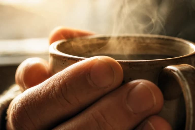 朝のコーヒー湯気・指先クローズアップ画像プロンプト作例