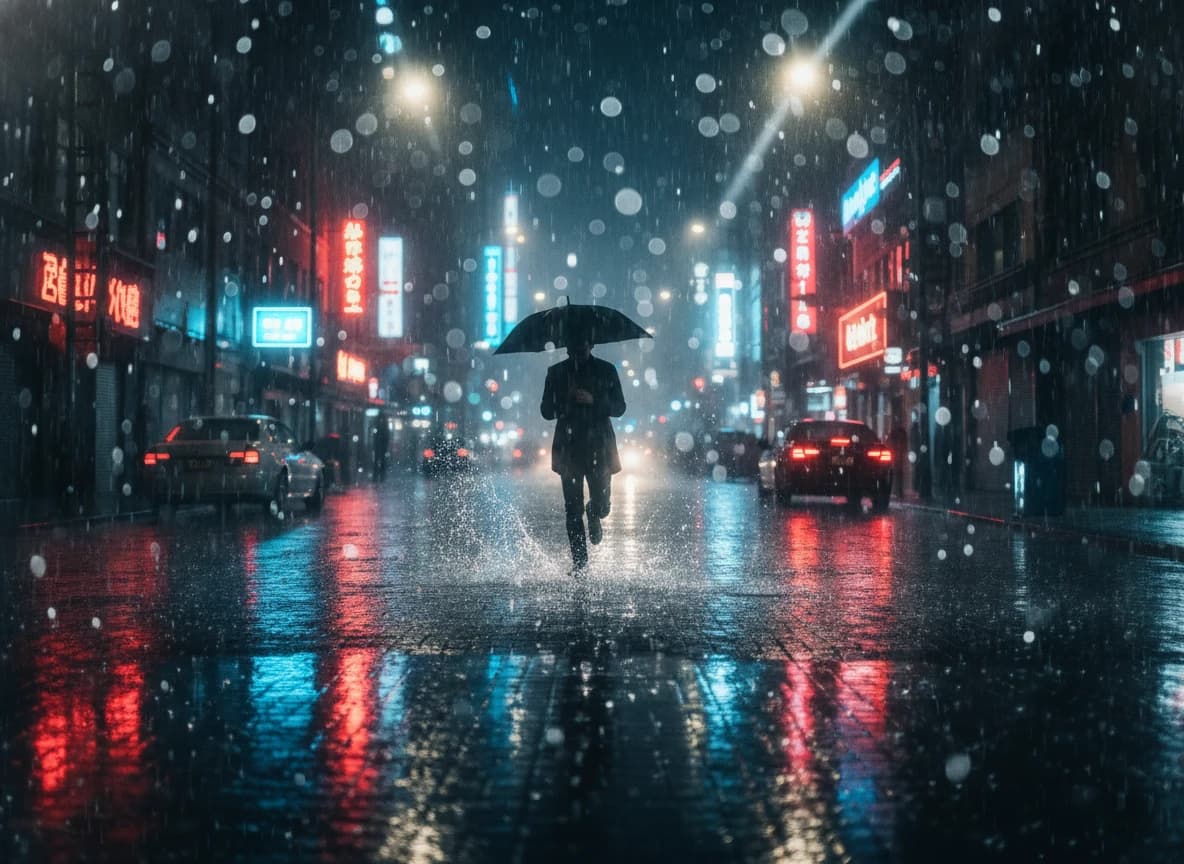 Prompt IA: Escena nocturna de lluvia y neón