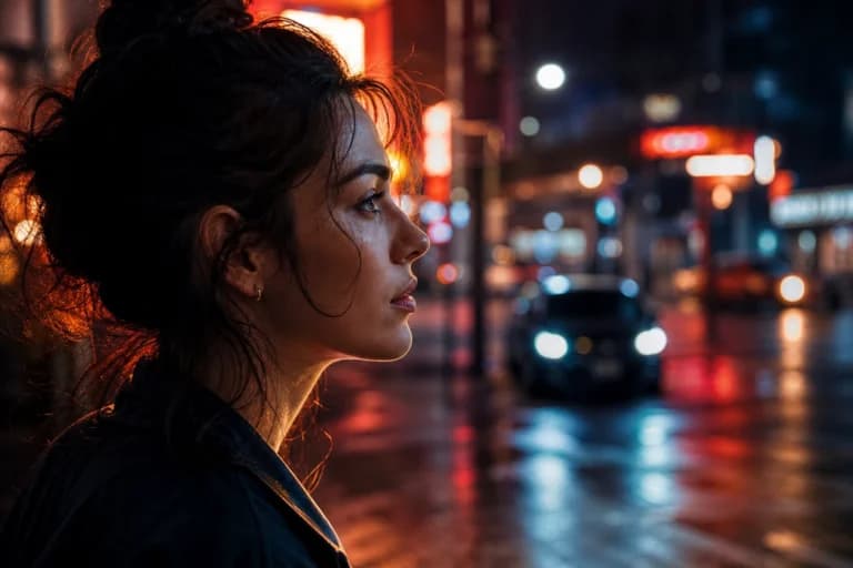 夜のネオン×リムライト女性ポートレートプロンプト作例