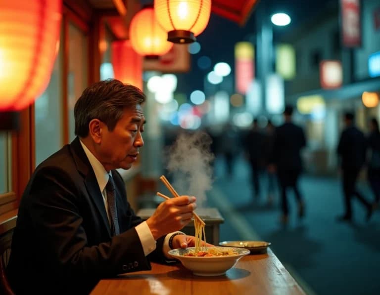 夜の屋台ラーメン写真AIプロンプト作例｜提灯×サラリーマン