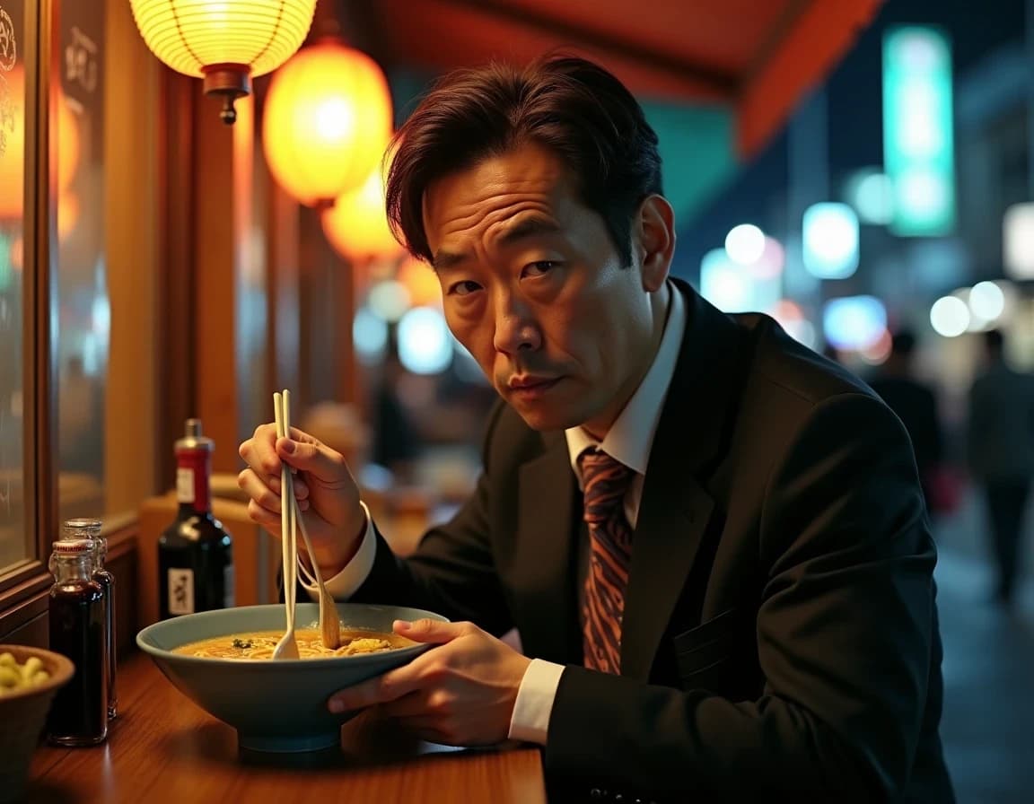 Salaryman nocturno en puesto de ramen – prompt IA ejemplo