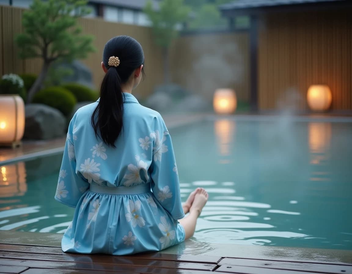 Prompt IA: mujer en yukata al atardecer en onsen japonés