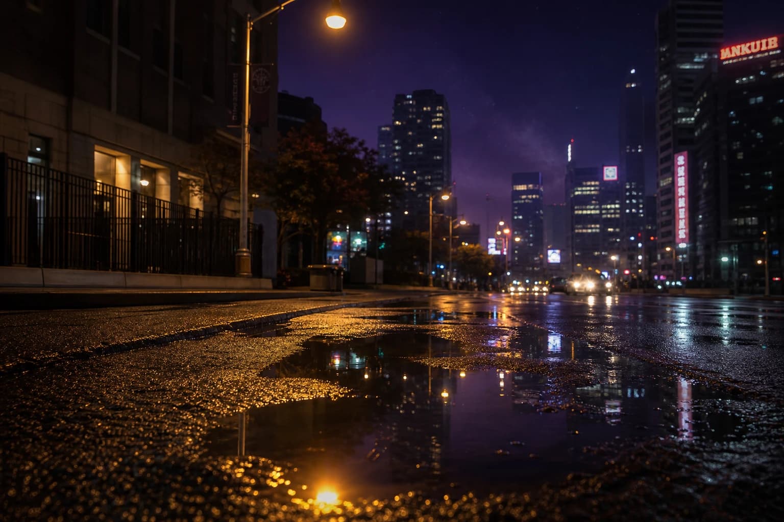 雨后水洼映街灯——夜景AI生成图像提示词示例