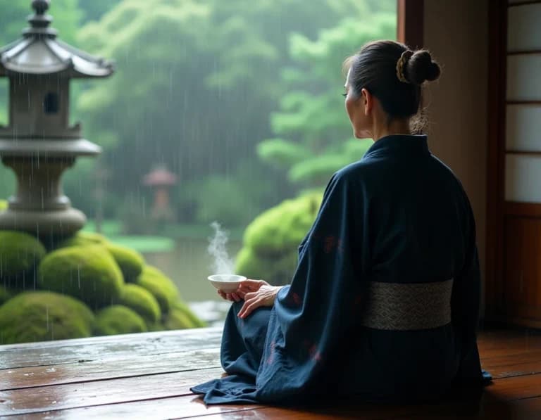 雨の縁側・着物女性の後ろ姿｜AI生成画像プロンプト作例