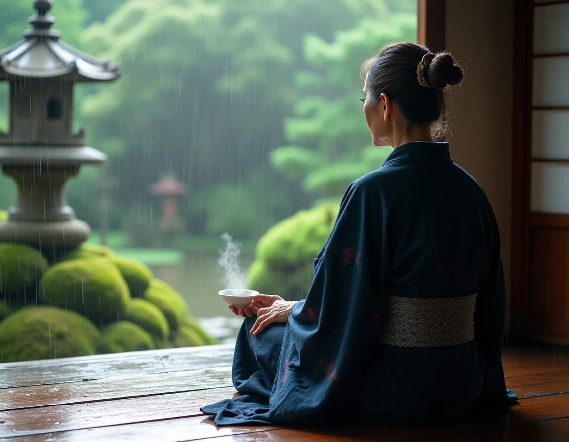 雨中缘侧·和服女性背影｜AI生成图像提示词示例