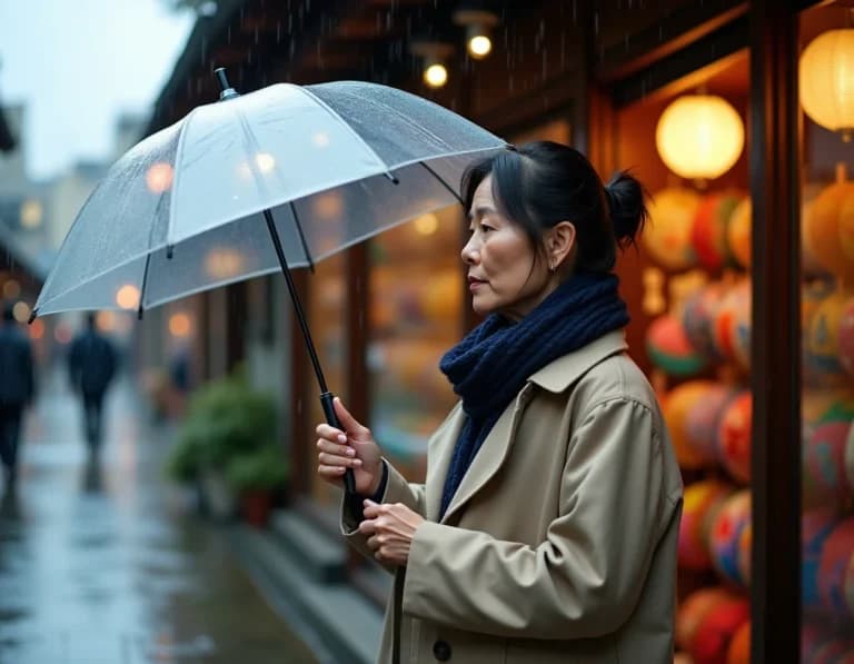 雨の傘屋で女性を撮るAI生成写真プロンプト作例