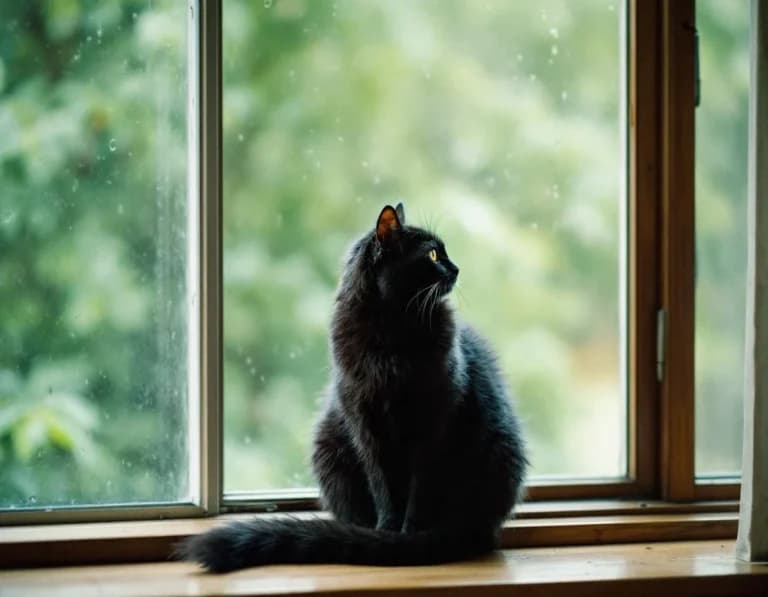 雨粒、解く静寂 — 窓辺の黒猫
