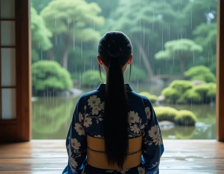 雨の縁側・着物女性の後ろ姿｜AI生成作例プロンプト