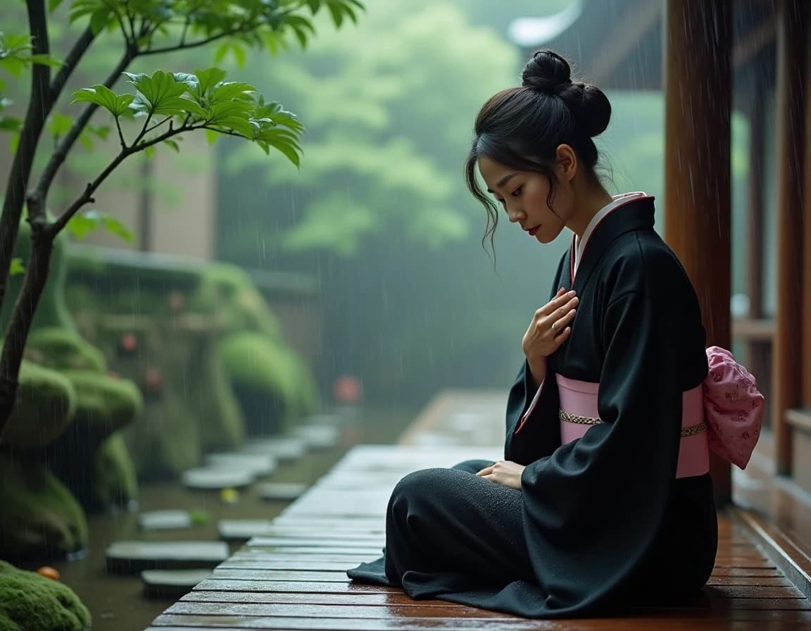 Rainy Engawa Kimono Portrait — AI-Generated Prompt Example