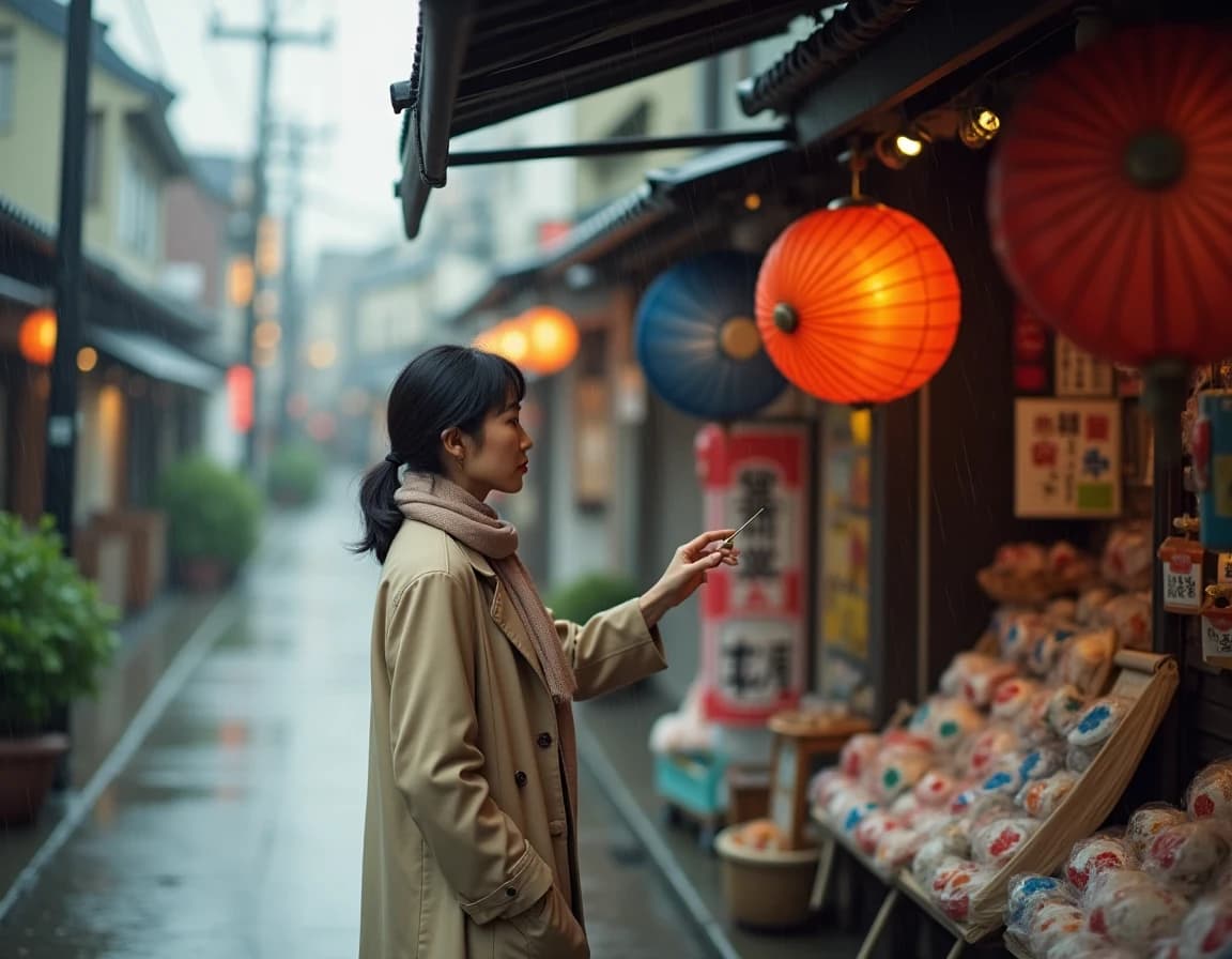 和傘を選ぶ女性｜雨の京都風AI生成プロンプト作例