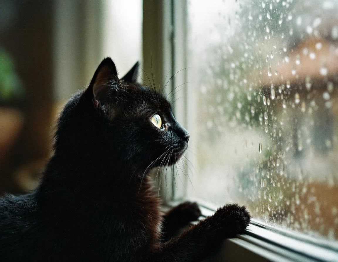 雨窓の黒猫｜35mmフィルム風リアル写真プロンプト作例