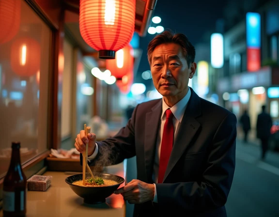 屋台ラーメン×サラリーマン｜夜景風AIプロンプト作例
